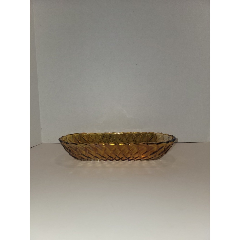 Vtg Indiana Iridescent Amber Carnival Glass Oval Basket Criss Cross Dish Bowl